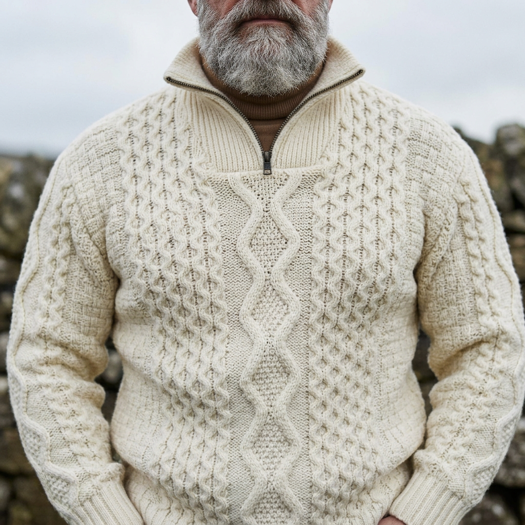 Ivory Aran Cable Knit Half Zip Sweater