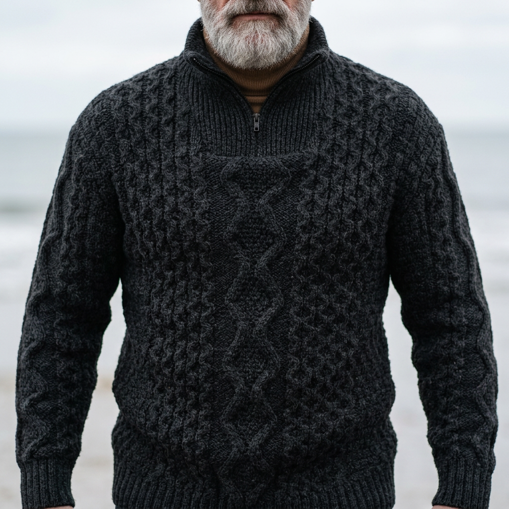 Onyx Black Aran Cable Knit Half Zip Sweater