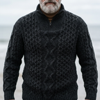 Onyx Black Aran Cable Knit Half Zip Sweater