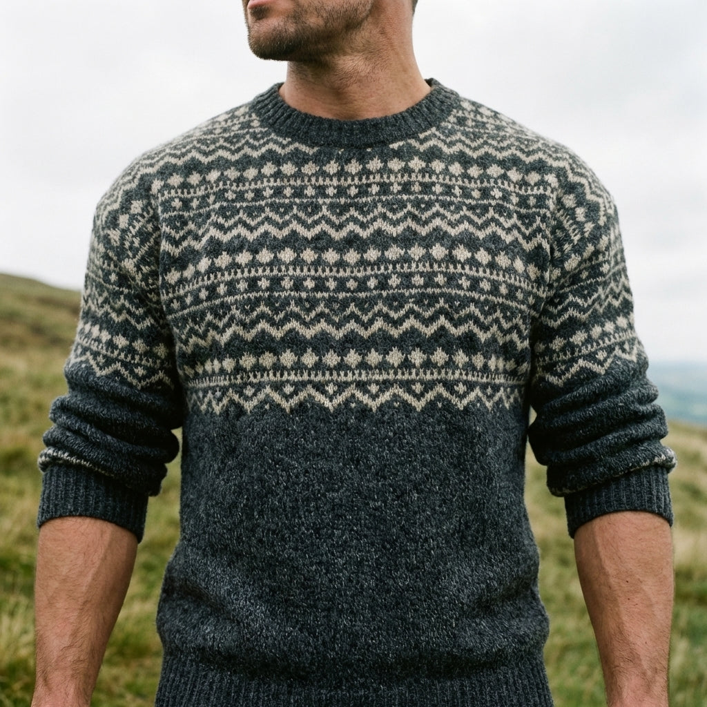 Charcoal Marl Multi Band Fair Isle Crewneck Sweater