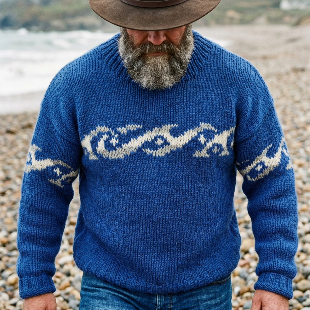 Cornflower Blue Ocean Wave Intarsia Crewneck Sweater
