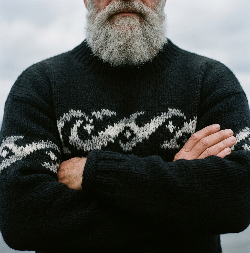 Jet Black Ocean Wave Intarsia Crewneck Sweater
