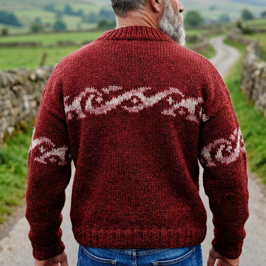 Burgundy Ocean Wave Intarsia Crewneck Sweater