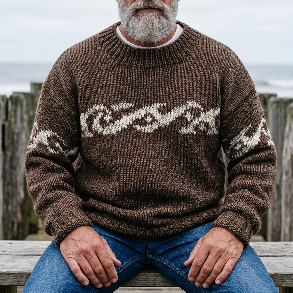 Dark Chocolate Ocean Wave Intarsia Crewneck Sweater