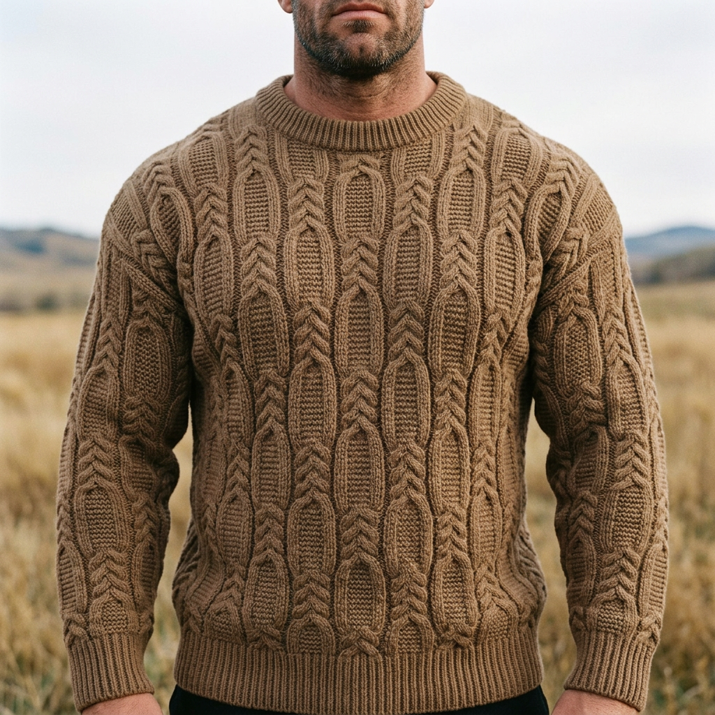 Camel Brown Aran Cable Knit Crewneck Sweater
