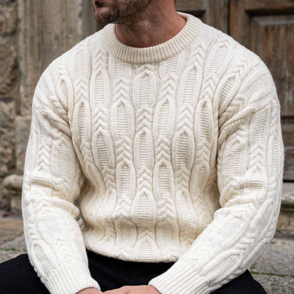 Ivory White Aran Cable Knit Crewneck Sweater