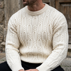 Ivory White Aran Cable Knit Crewneck Sweater