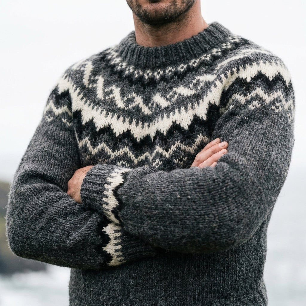 Slate Grey & Ivory Icelandic Chevron Yoke Crewneck Sweater