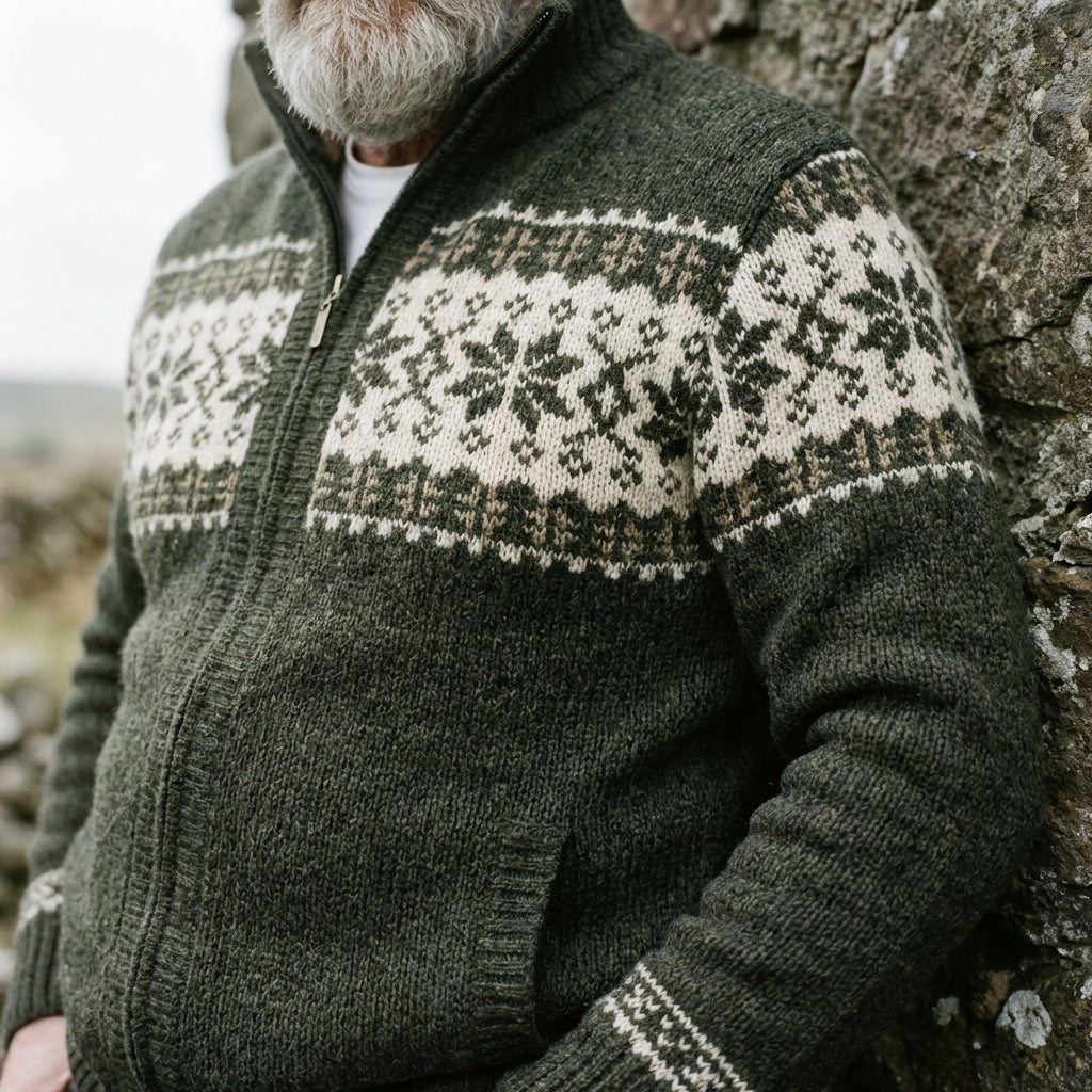 Olive Green Nordic Snowflake Full Zip Sweater