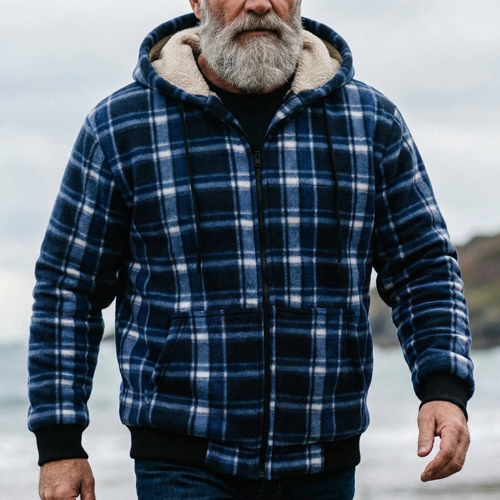 Navy Blue Plaid Sherpa-Lined Full-Zip Fleece Hoodie
