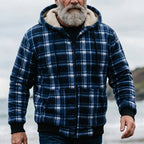 Navy Blue Plaid Sherpa-Lined Full-Zip Fleece Hoodie