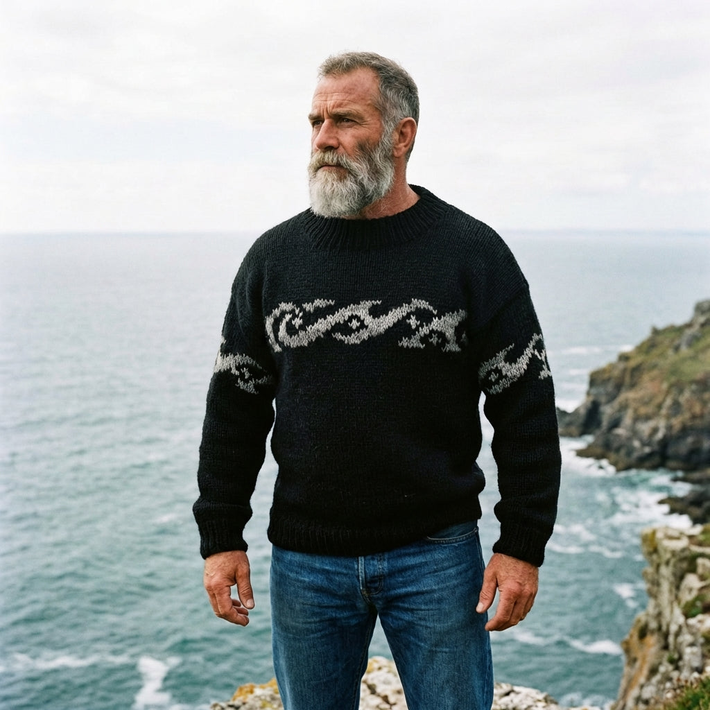 Jet Black Ocean Wave Intarsia Crewneck Sweater