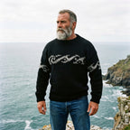 Jet Black Ocean Wave Intarsia Crewneck Sweater