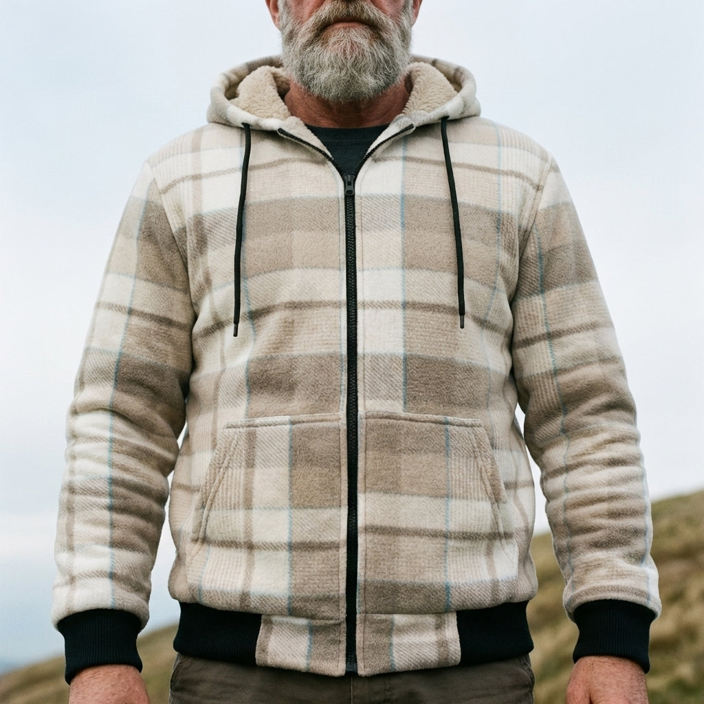 Ivory & Tan Plaid Sherpa-Lined Full-Zip Fleece Hoodie