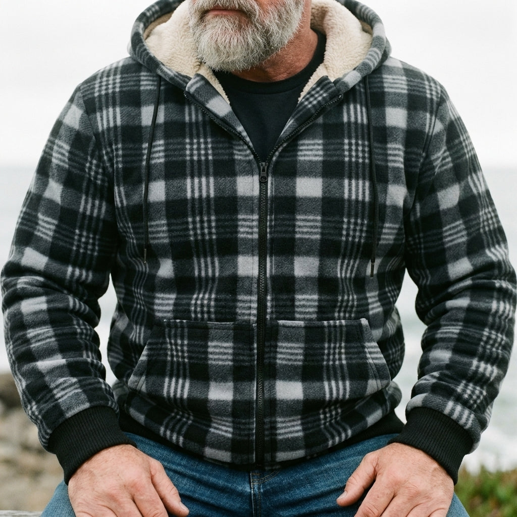 Charcoal Grey Plaid Sherpa-Lined Full-Zip Fleece Hoodie
