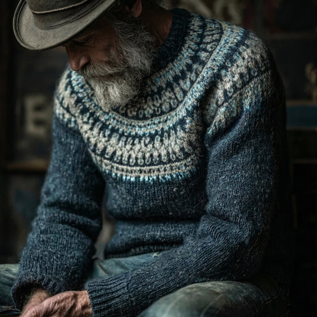Denim Blue Icelandic Lopapeysa Circular Yoke Crewneck Sweater