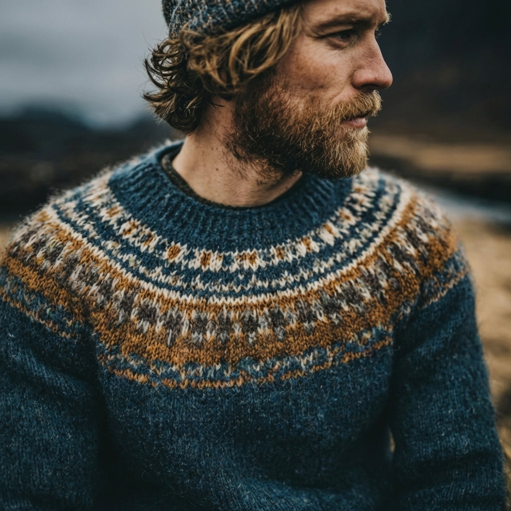 Teal & Ochre Icelandic Lopapeysa Yoke Crewneck Sweater