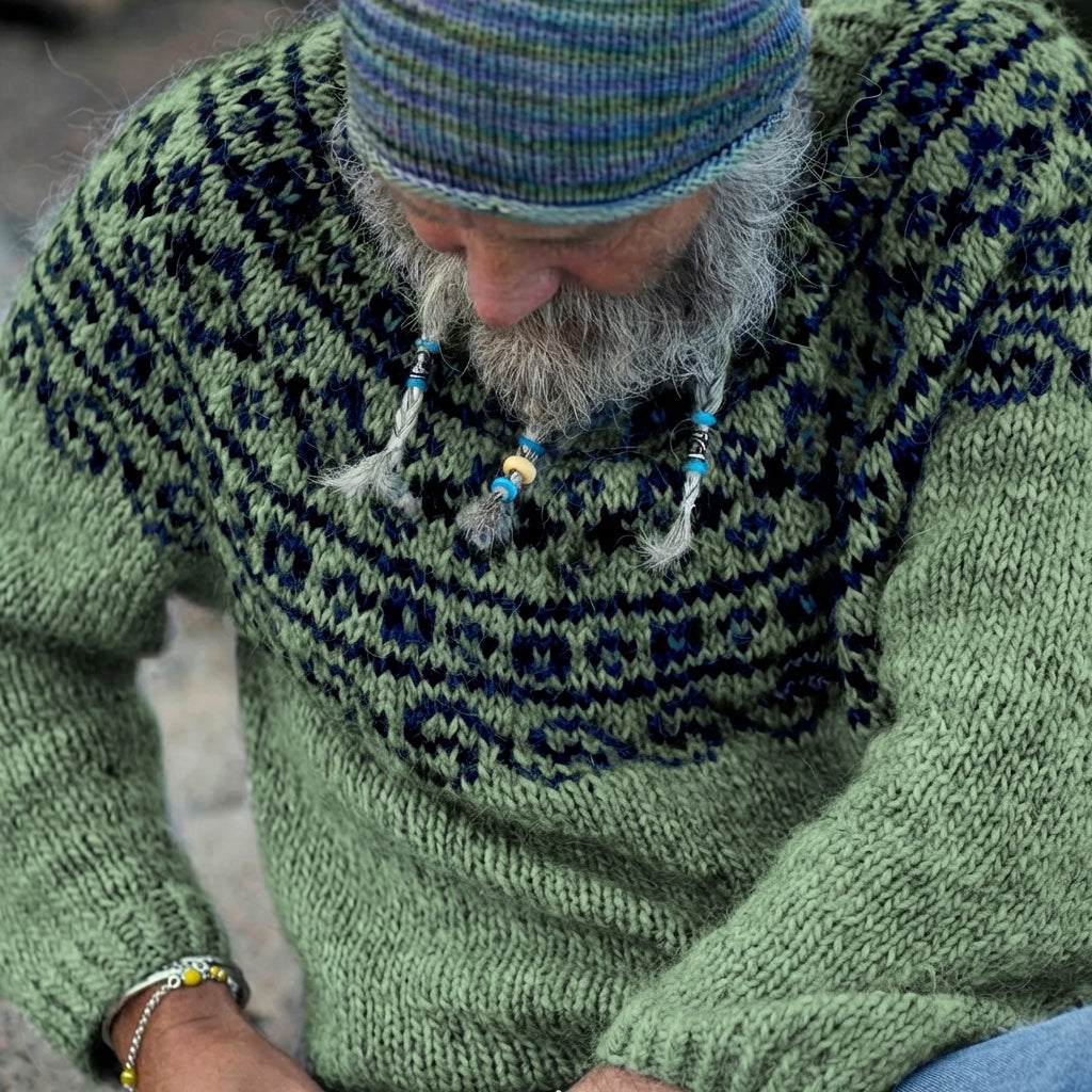 Sage Green & Navy Icelandic Lopapeysa Yoke Crewneck Sweater