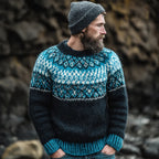 Black & Teal Icelandic Lopapeysa Circular Yoke Crewneck Sweater