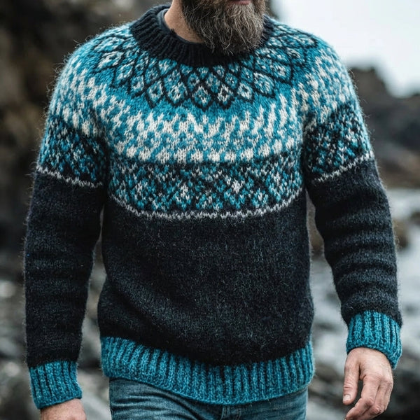 Black & Teal Icelandic Lopapeysa Circular Yoke Crewneck Sweater