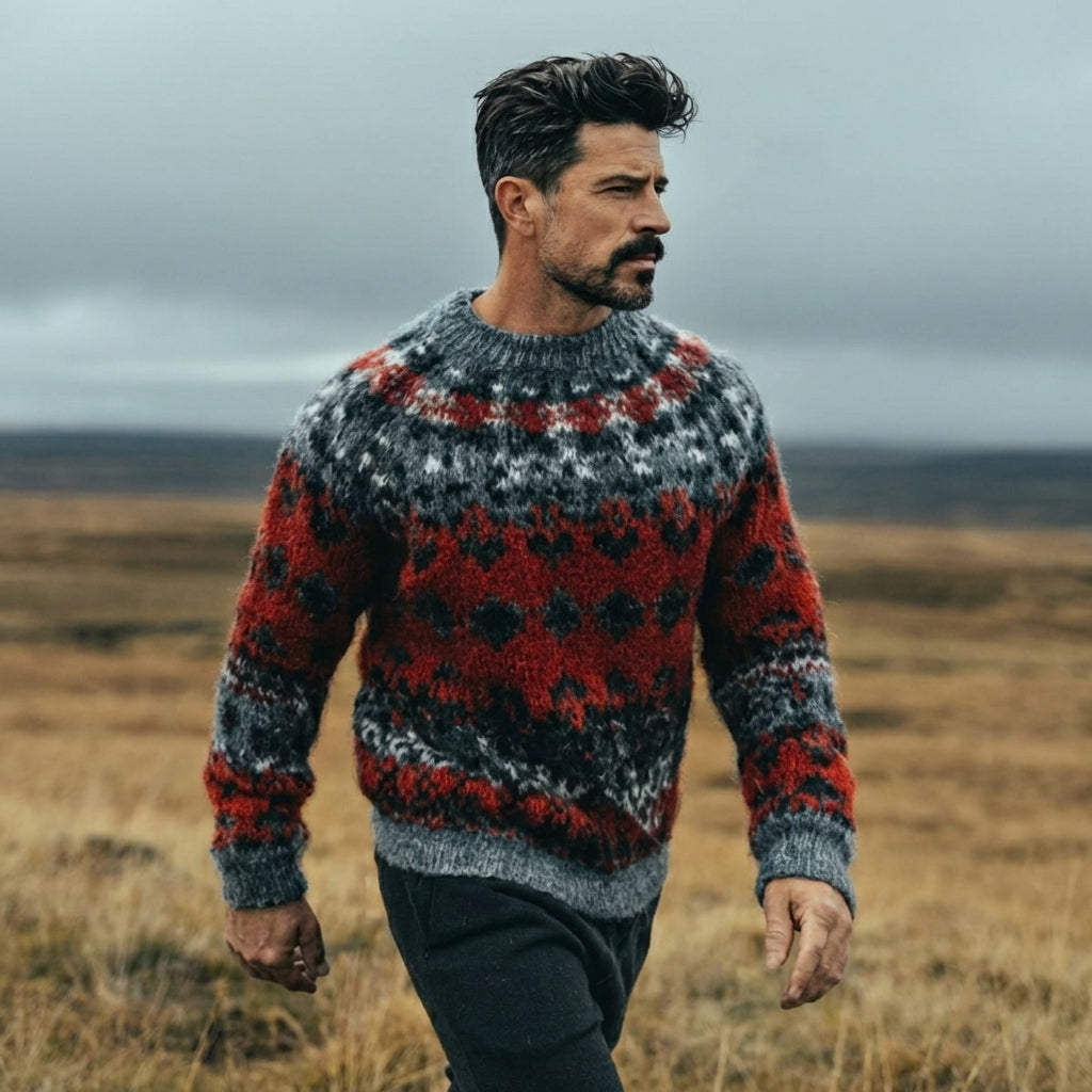 Rust & Charcoal Icelandic Lopapeysa Allover Yoke Crewneck Sweater