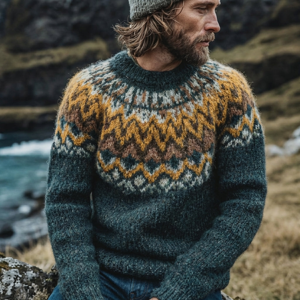 Teal & Mustard Chevron Lopapeysa Yoke Crewneck Sweater