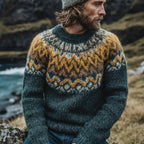 Teal & Mustard Chevron Lopapeysa Yoke Crewneck Sweater