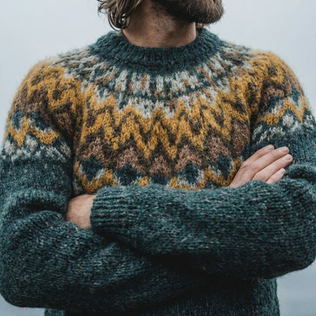 Teal & Mustard Chevron Lopapeysa Yoke Crewneck Sweater