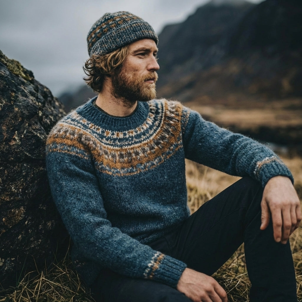 Teal & Ochre Icelandic Lopapeysa Yoke Crewneck Sweater