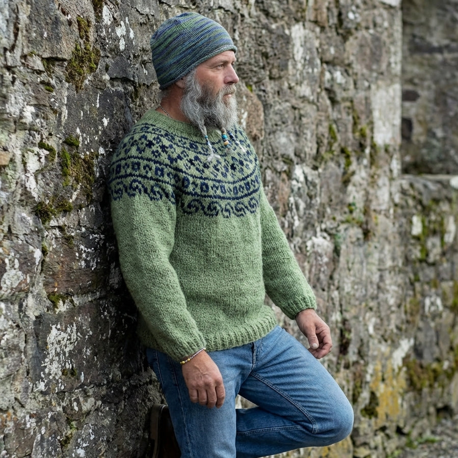 Sage Green & Navy Icelandic Lopapeysa Yoke Crewneck Sweater