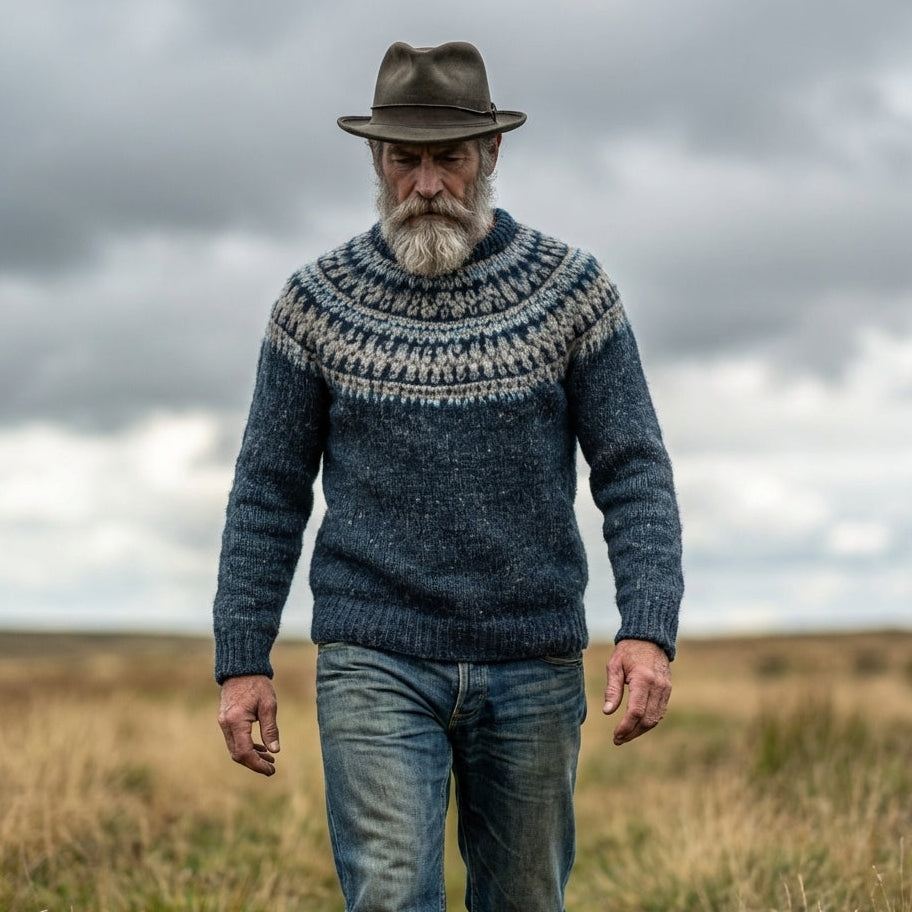 Denim Blue Icelandic Lopapeysa Circular Yoke Crewneck Sweater