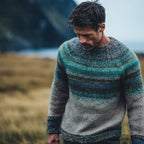 Grey & Teal Gradient Stripe Yoke Crewneck Sweater