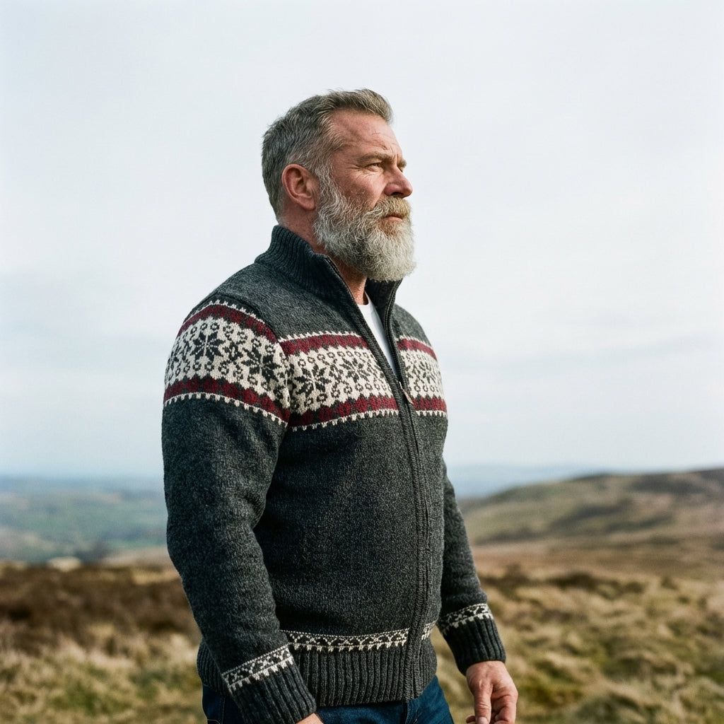 Graphite & Burgundy Nordic Snowflake Full Zip Sweater