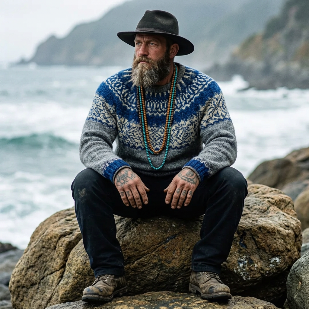 Grey & Royal Blue Allover Yoke Crewneck Sweater