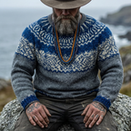 Grey & Royal Blue Allover Yoke Crewneck Sweater