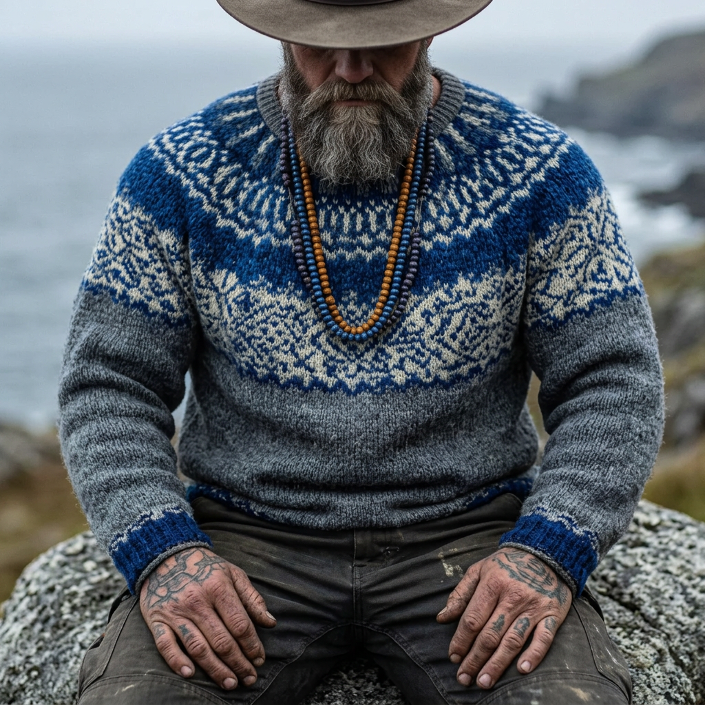 Grey & Royal Blue Allover Yoke Crewneck Sweater