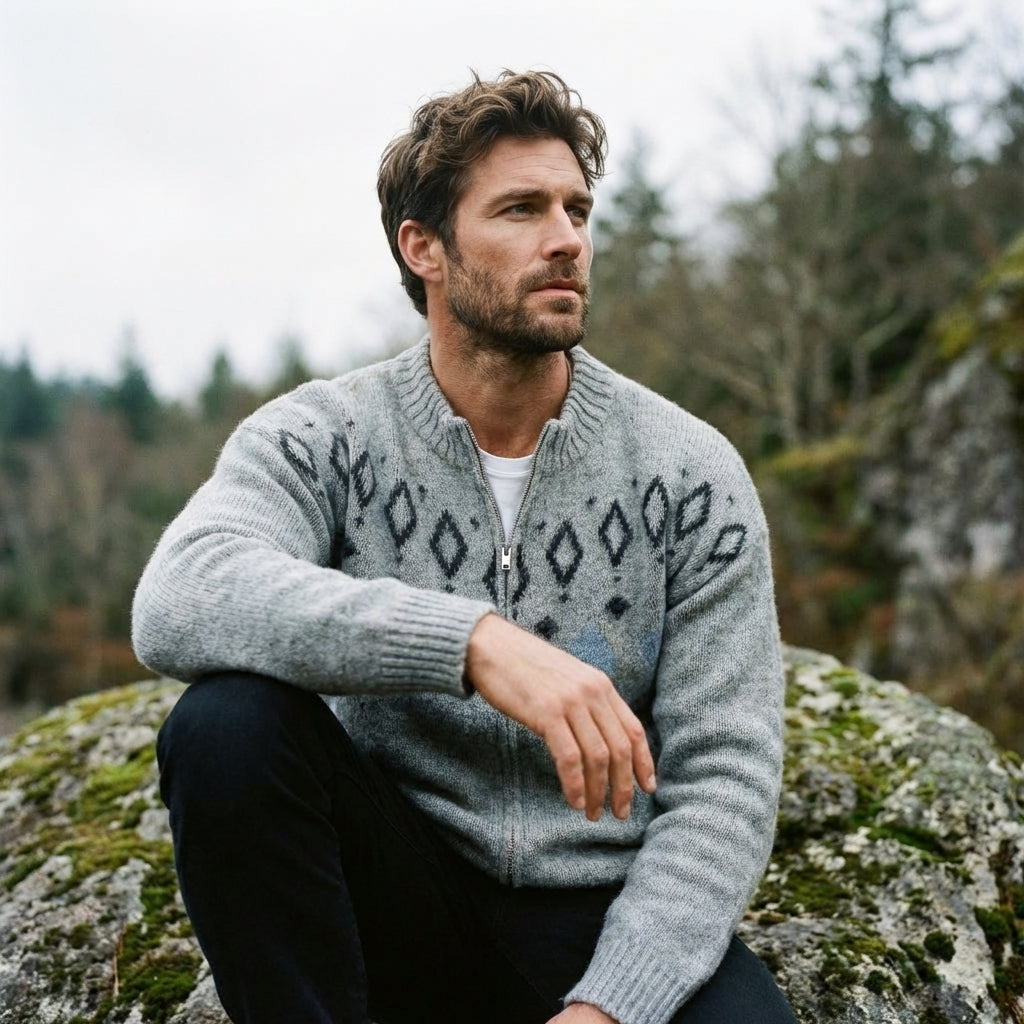 Heather Grey Diamond Yoke Full Zip Sweater