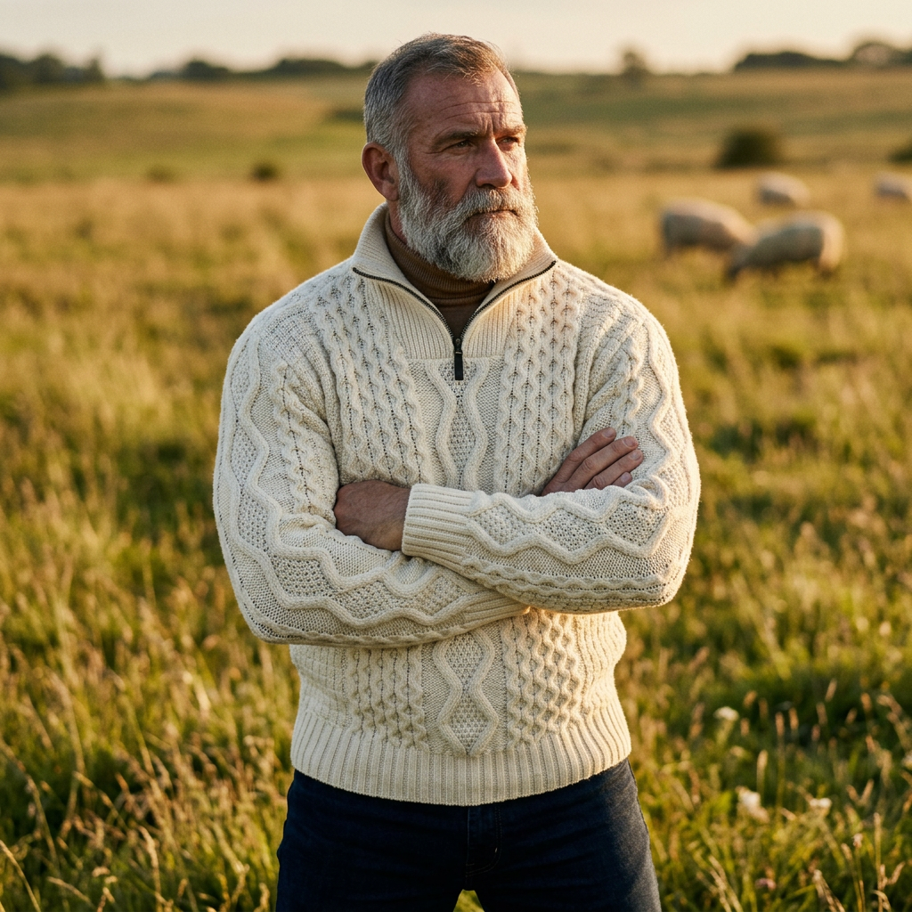 Ivory Aran Cable Knit Half Zip Sweater