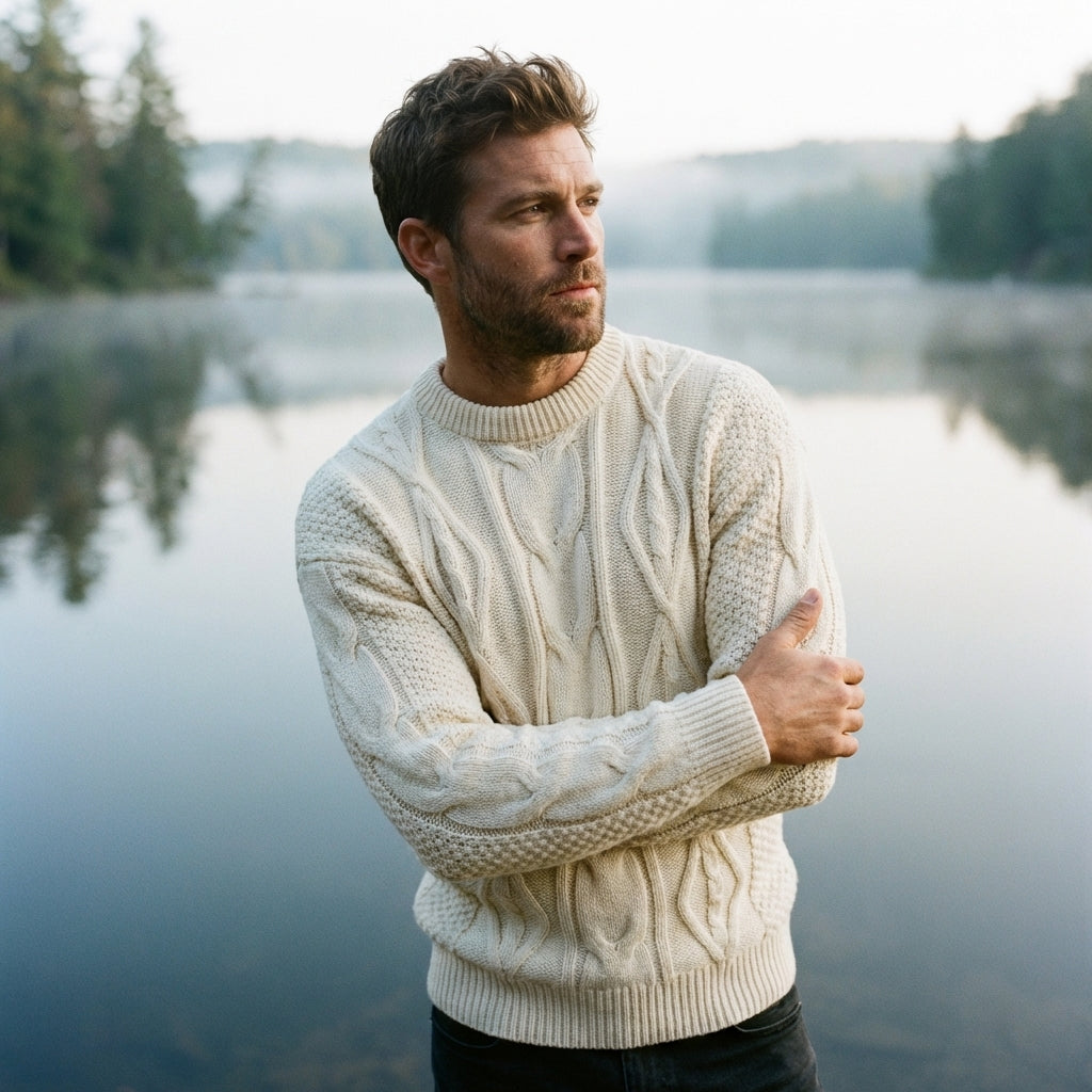 Ivory Fisherman Aran Cable Knit Crewneck Sweater