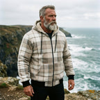 Ivory & Tan Plaid Sherpa-Lined Full-Zip Fleece Hoodie