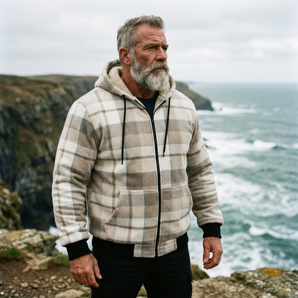 Ivory & Tan Plaid Sherpa-Lined Full-Zip Fleece Hoodie