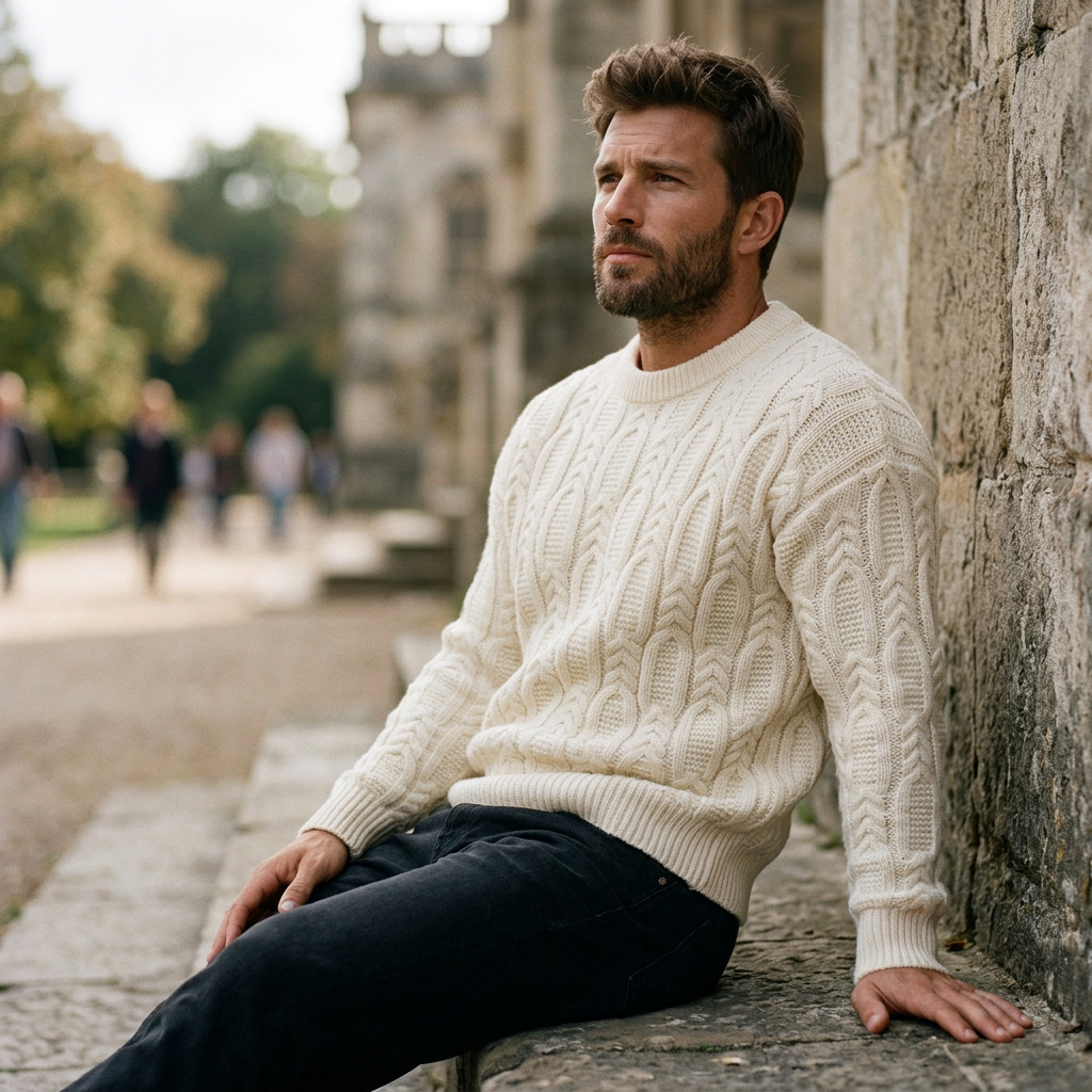 Ivory White Aran Cable Knit Crewneck Sweater