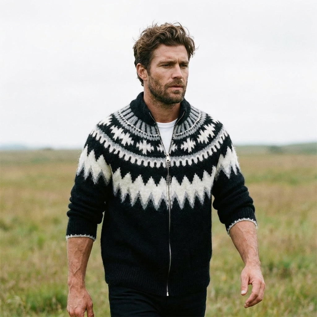 Jet Black Icelandic Chevron Full Zip Sweater