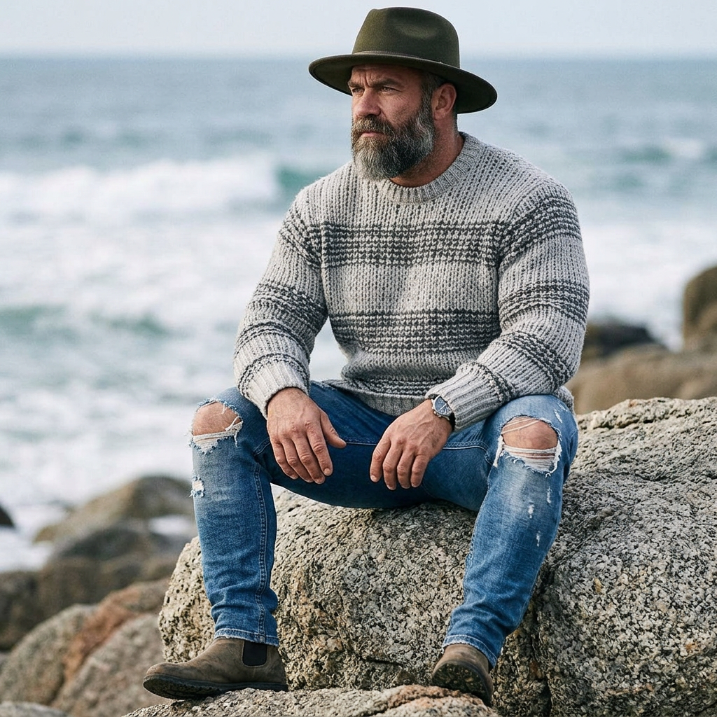 Light Grey Houndstooth Stripe Crewneck Sweater