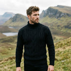 Midnight Black Aran Cable Knit Turtleneck Sweater