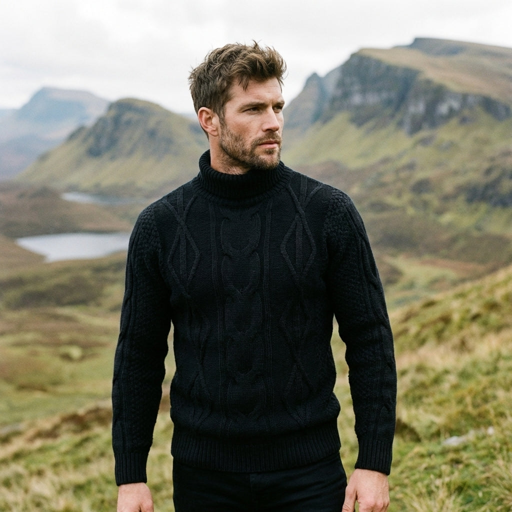 Midnight Black Aran Cable Knit Turtleneck Sweater