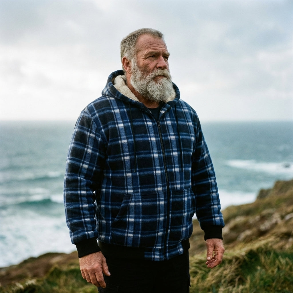 Navy Blue Plaid Sherpa-Lined Full-Zip Fleece Hoodie