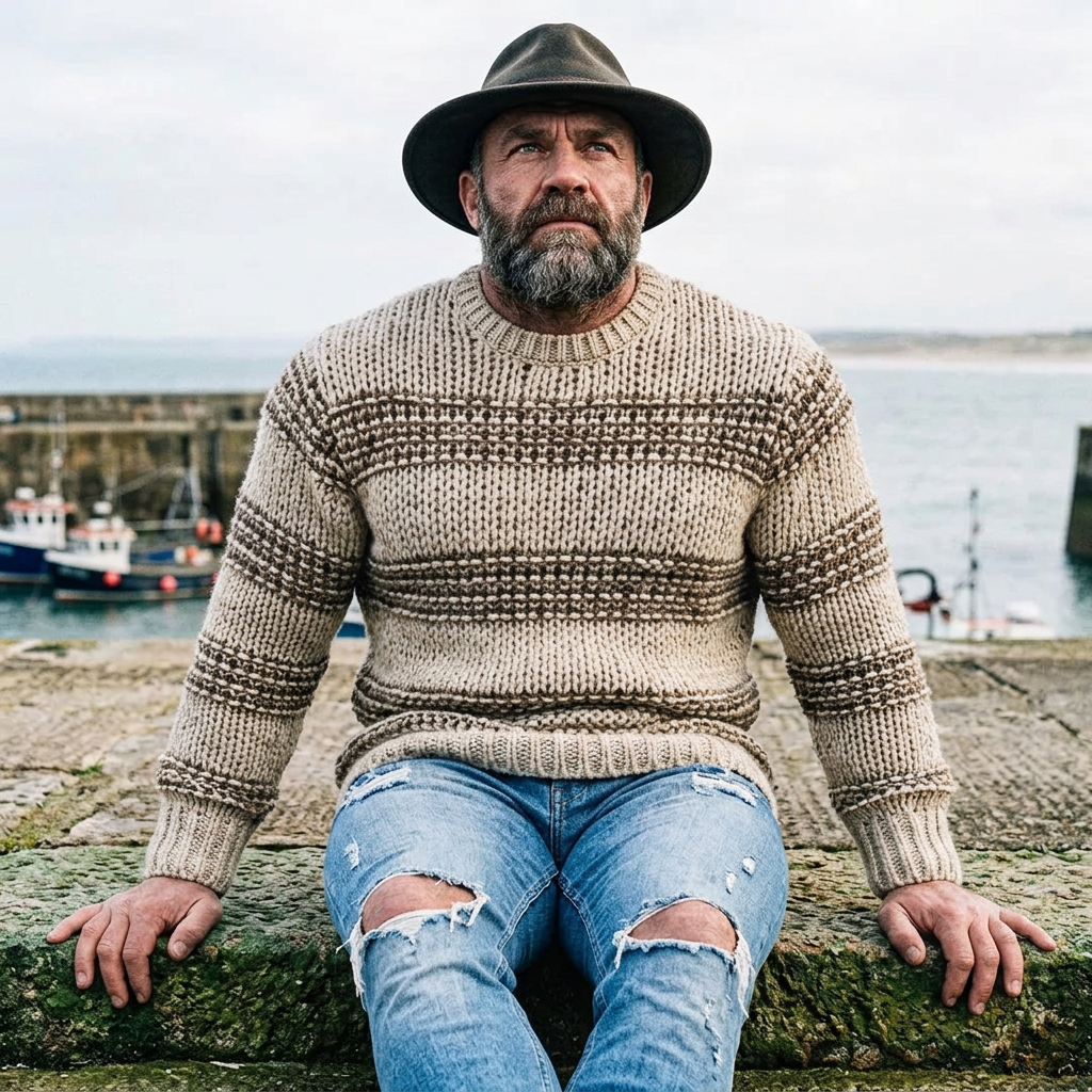 Oatmeal & Brown Horizontal Stripe Fisherman Crewneck  Sweater