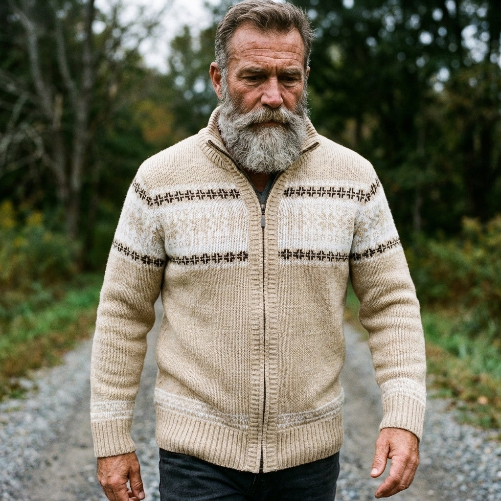 Oatmeal Cross Stitch Stripe Full Zip Sweater