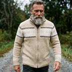 Oatmeal Cross Stitch Stripe Full Zip Sweater